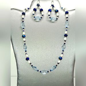 Light Blue crystals, Sapphire beads and glass pearls  Necklace and earrings